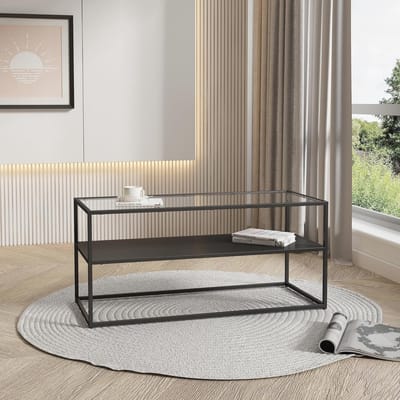 Stijlvolle rechthoekige salontafel van zwart staal met glazen blad 102x43x46cm