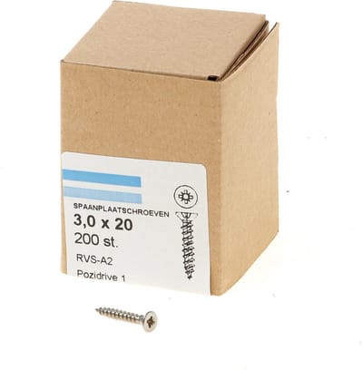 Hoenderdaal Spaanplaatschroef RVS platverzonken kop PZ1 voldraad 3.0X20 (per 200 stuks)