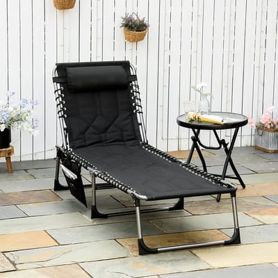 Sweiko Tuinstoel - Opvouwbaar - Met kussen - 5 verstelbare rugleuningen - Staal - Oxford doek - Zwart - 188 x 57 x 30 cm