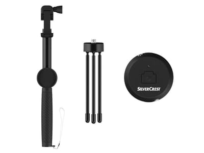 SILVERCREST® Bluetooth®-selfiestick met statief - Ideaal om briljante selfies mee te schieten - Bluetooth®-bereik: max. 10 m - Telescoopfunctie met draaimechanisme voor eenvoudig uittrekken (tot ca. 100 cm) en vergrendelen