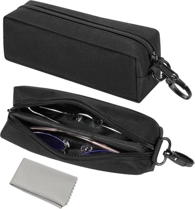 Dubbele brillenkoker voor onderweg, handige organizer voor zonnebrillen en leesbrillen, zachte pouch voor bijziendheid en verziendheid, zwart en compact