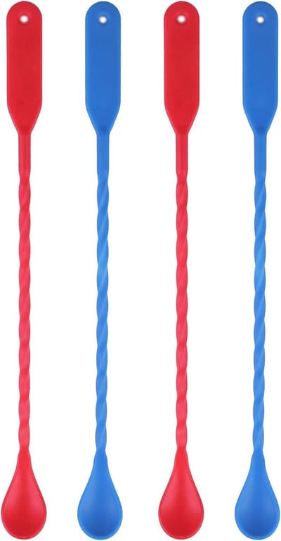 Lange cocktaillepels set van 24 - kunststof met rasp in rood en blauw