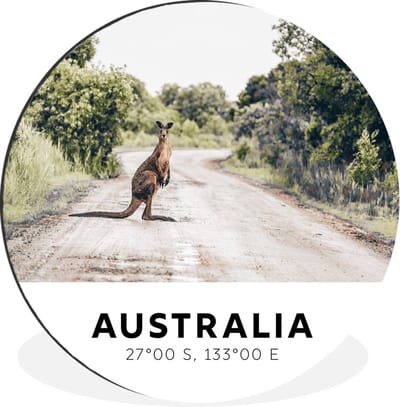 WallCircle - Wandcirkel - Muurcirkel - Australië - Kangoeroe - Wegen - Aluminium - Dibond - 30x30 cm - Binnen en Buiten