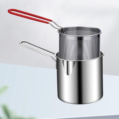 Roestvrijstalen Frituurpan - Friteuse met Zeef - Thuis Koken - Ingebouwde Zeef - 27x15x13 cm - Zilver