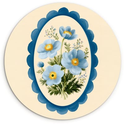 WallCircle® Wandcirkel 120x120 cm - Muurcirkel Lijst - Bloemen - Lichtblauw - Illustratie - Muurdecoratie woonkamer - Wanddecoratie slaapkamer - Kamer decoratie accessoires - Ronde schilderijen XXL