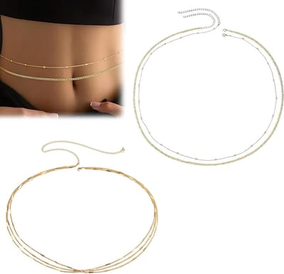 Elegante buikketting set voor dames met verstelbare lengte, 2-delig met parel en CZ details, 65-90 cm goudkleurig