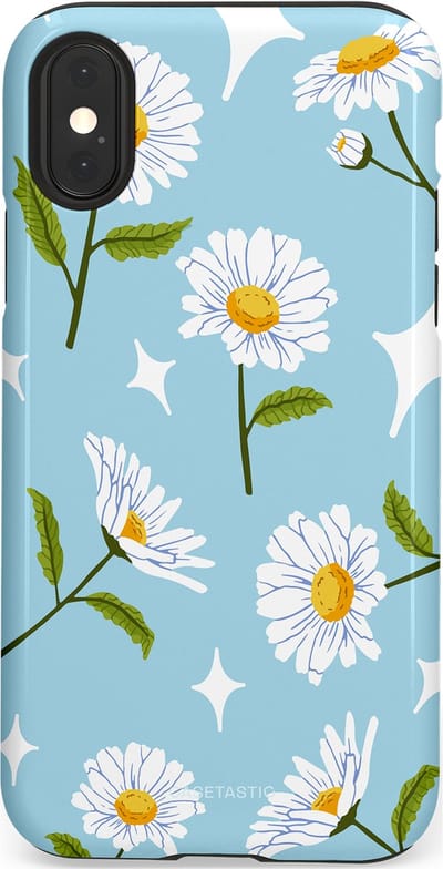Casetastic hoesje geschikt voor Apple iPhone X / Apple iPhone XS - Dubbellaagse bescherming - Margrietjes in de Wind - Fashion Case - Lichtblauw Wit Groen