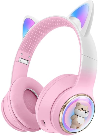 Bluetooth-hoofdtelefoon, hoofdtelefoon met cartoon-huisdierenthema, opvouwbare over-ear-hoofdtelefoon, bedrade hoofdtelefoon, roze