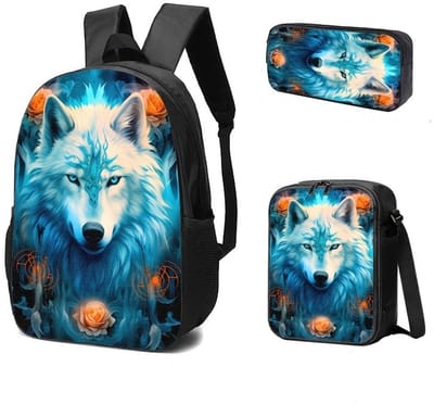 Rugzak wolf | stoere tas voor school | Bloem Wolf Rugzak | 15 - 20 liter | Rugtas, etui en lunchtas met mooie 3D geprinte details | 3-delige set jongens schooltassen | grote schooltas