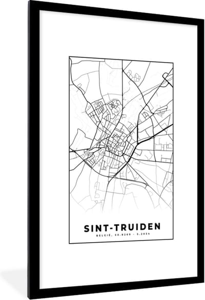 Fotolijst incl. Poster Zwart Wit- Stadskaart – Plattegrond – België – Zwart Wit – Sint Truiden – Kaart - 80x120 cm - Posterlijst