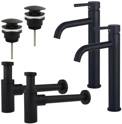 FugaFlow Eccelente Sobrado Badkamer Wastafelkraanset - voor dubbele wastafel - verhoogde wastafelkraan - klikwaste plug - design sifon - Mat zwart