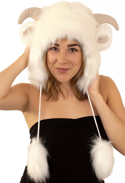 KIMU® Schaap Muts Touwtjes - Geit Bontmuts Oortjes - Bont Ram Wit Nepbont Hoorns Oren Pompoms Pluche Fake Fur Bonten Hoofddeksel Festival