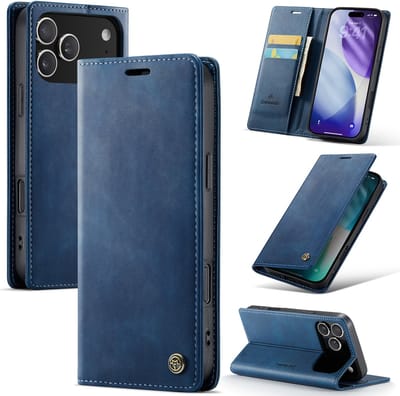 Casemania Hoesje Geschikt voor Apple iPhone 17 Pro - Navy Blue - Luxe Kunstleer Dunne Telefoonhoesje met Pasjeshouder en Standaardfunctie - Slim Wallet Case - Donker Blauw