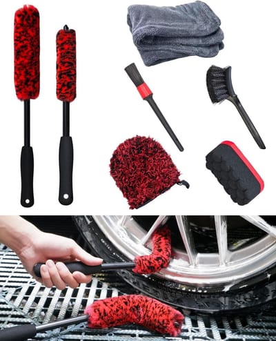 Wiel Reinigingsset - Velgen Borstel - Auto Poetsen - Krasvrije Reiniging - 7 Delig - Rood & Zwart