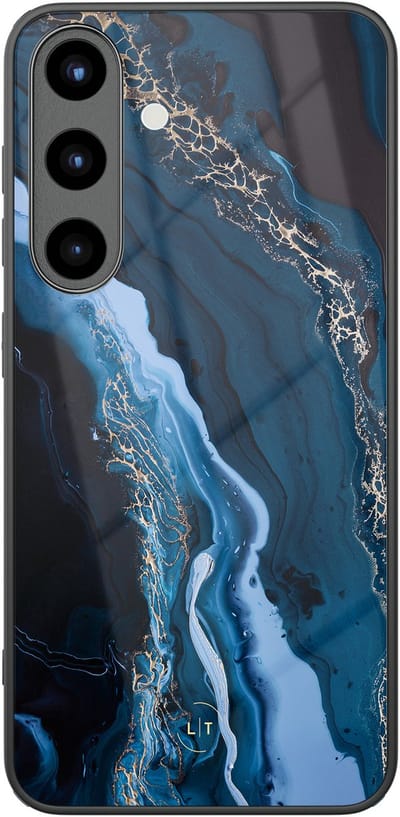 Hoesje geschikt voor Samsung Galaxy S25 - Marmer lagoon blauw - Luxe Glazen Hardcase - Marmer - Blauw