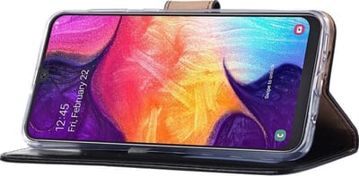 LuxeBass Telefoon Wallet Bookcase voor Samsung Galaxy A22 5G - Portemonnee telefoonhoesje voor Bankpassen - Kunstleer - Siliconen Houder - Magnetische sluiten- Zwart - telefoonhoes - gsm hoes - telefoonhoesjes - telefoonhoes - gsm hoes - gsm hoesjes