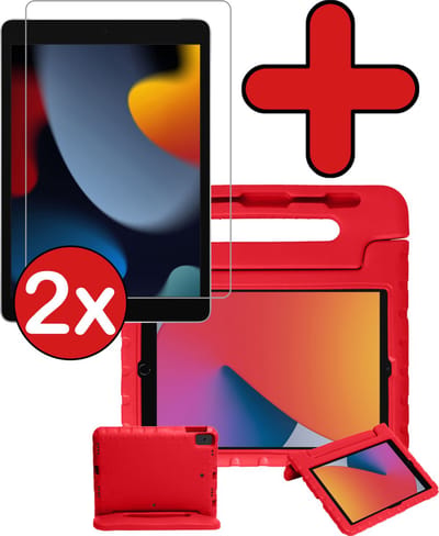 Hoesje - Geschikt voor Apple iPad 8 (2020) - 10.2 inch - 8e Generatie - Met 2x Screenprotector - Kinderhoes - Shockproof Bumper - Kidsproof Case - Tablethoes - Kinder Hoes Cover - Rood