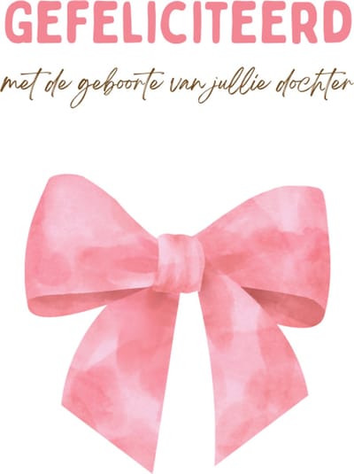 Geboortekaart dochter – Enkele felicitatiekaart met aquarel roze strik – Origineel ontwerp – Stevig 400 grams papier – Inclusief kraft envelop – Voor geboorte of babycadeau
