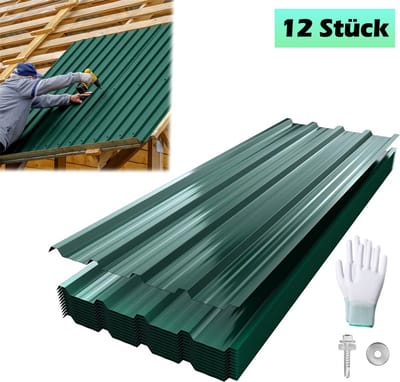 12er dakplaten trapeziumplaat 129,5x45cm stalen plaat gevormde plaat dakpanelen weerbestendige golfplaat gegalvaniseerd staal voor garagedak inclusief schroeven en handschoenen - Groen