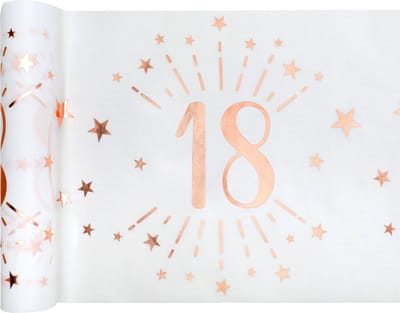Santex Tafelloper op rol - 18 jaar verjaardag - non woven polyester - wit/rose goud - 30 x 500 cm