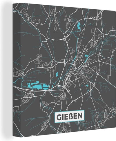 Canvas Schilderij Kaart – Plattegrond – Stadskaart – Gießen – Duitsland – Blauw - 20x20 cm - Wanddecoratie