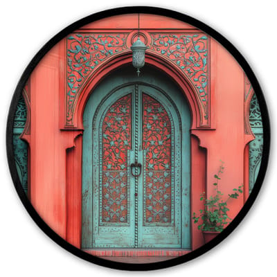 Poster in lijst Rond - Fotolijst 40x40 cm - Posters - Lantaarn - Deur - Turquoise - Ronde posterlijst zwart - Decoratie - Wanddecoratie woonkamer - Muurdecoratie slaapkamer