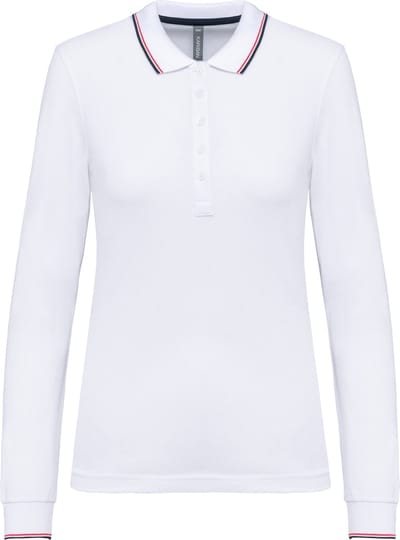 Kariban Dames polo van piquétricot met lange mouwen K281 - White / Navy / Red - L
