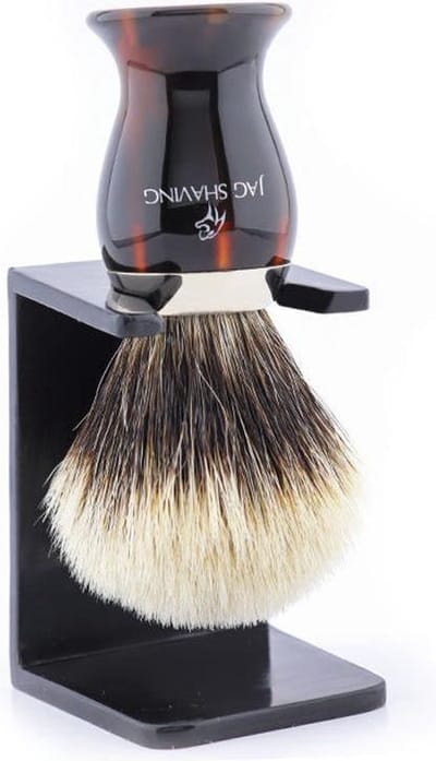 Klassieke handgemaakte scheerkwast met zilveren puntharen en antieke borstelstandaard/houder, voor mannen scheren thuis en in de salon