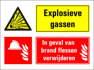 Explosieve stoffen, bij brand flessen verwijderen sticker 280 x 210 mm