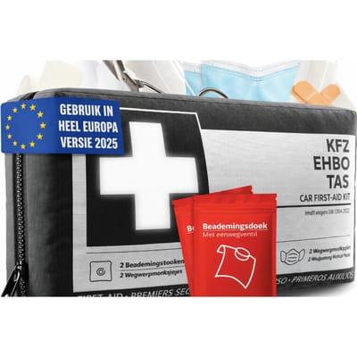 HELDENWERK - Verbandtas & EHBO-kit Auto - DIN 13164:2022 Norm - Zwart Waterafstotend Nylon - Inclusief Beademingsdoekjes & Mondkapjes - Voor Auto & Motor - Compact & Veilig