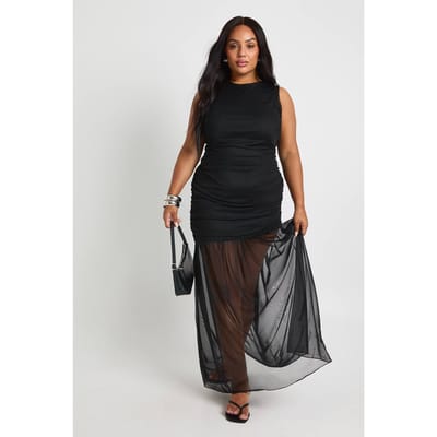 boohoo Dames Plus Gerimpelde Taille Transparante Rok Maxi-jurk | Black | Maat: 26