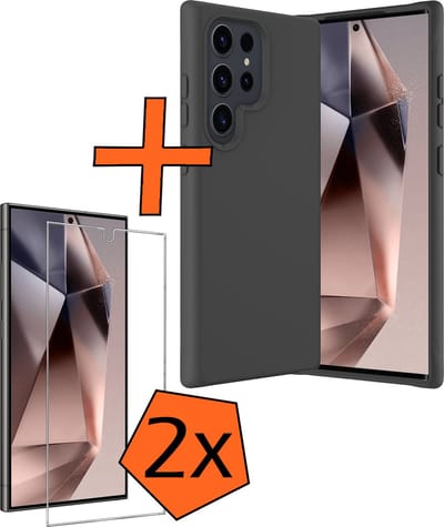 Hoes - Met 2x Screenprotector - Geschikt voor Samsung Galaxy S24 Ultra - Sterk & Shockproof - Back Cover - Siliconen Case - Telefoon Hoes - Zwart