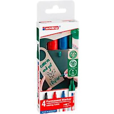 edding 3300 permanent marker - zwart, rood, blauw, groen - 4 stiften - beitel punt 1-5 mm - water en wrijfvast - voor karton, kunststof, hout, metaal, etc. - alcohol markers voor volwassenen