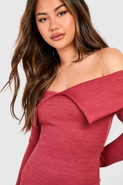 boohoo Dames Bardot Heavy Rib Maxi Jurk met Lange Mouwen | Roos | Maat: 44