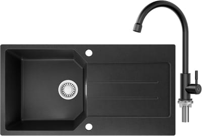 Anycee max Spoelbak Met Kraangat - Granieten Keuken 86x45CM - Spoelbak Keuken Met Keukenkraan - Met Afdruiprek en Waterafvoersysteem - 80% Kwarts Zand Spoelbak Keuken - Zwart