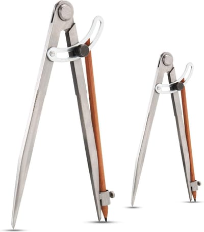 QTTVBTNA -Professionele Houtbewerkingspasser met Vleugel(2 stuks) - en Potloodhouder – 150 mm & 250 mm | Precisie Kompas voor Timmerwerk, Geometrie & Technisch Tekenen