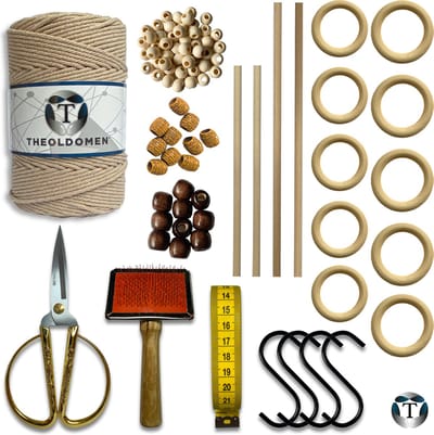 Deluxe Macramé Pakket | Earth | 200 METER | Triple Twist | 3mm | Starter Set | Schaar | S-haken | Kam | Meetlint | Ringen | Kralen | Stokken | Macramé Touw | 100% Katoen | DIY | Macramé | Wandkleed | Plantenhanger | TheOldOmen