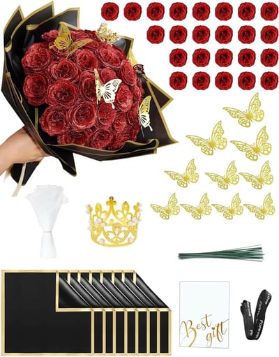 Glitter Rozenboeket - Kunstbloemen Zijde - Feestelijke Decoratie - 24 Stuks Doe-het-zelf - Rood