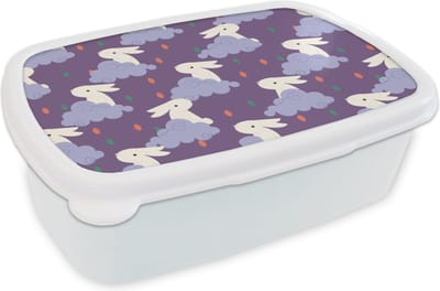 Broodtrommel Wit - Lunchbox - Brooddoos - Patronen - Konijn - Lucht - Paars - Meisjes - Kinderen - Kids - 18x12x6 cm - Volwassenen