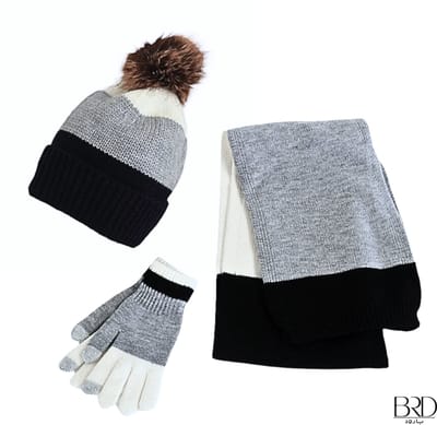BRD Winter® | Zwart kind 3 delige winterset | Gevoerde muts met pompon, sjaal en handschoenen | Grijs Zwart Beige Wit zacht gebreid