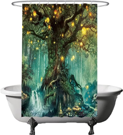 Ulticool Douchegordijn - Sprookje Elf Boom Magisch Bos Natuur - 120 x 180 cm - met 8 ringen - Anti Schimmel - Waterdicht & Wasbaar - Semi Transparant - Groen