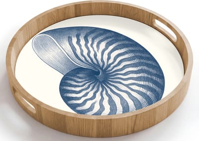 Dienblad rond 40x40 cm - Schootdienblad hout - Blauw - Schelp - Spiraal - Borrelplank rechthoek - Plateau houten dienbladen