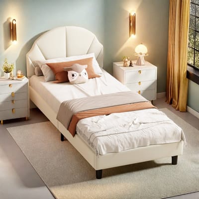 Kinderbed 90x190 cm Beige – Gestoffeerd Fluwelen Bed met Verstelbaar Hoofdbord – Comfortabel Eenpersoonsbed voor Kinderkamer