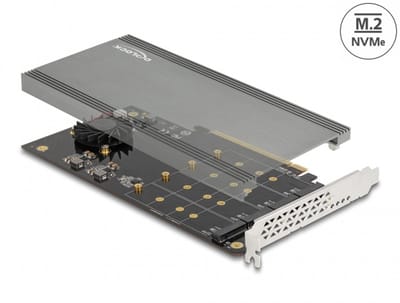 Delock PCI Express x16 Card to 4 x internal NVMe M.2 Key M with Heat Sink and Fan - Bifurcation