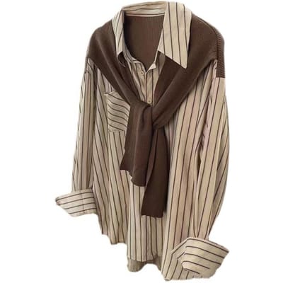 Dames Blouse Revers Lange Mouw Verticale Streep Print Fake Twee Stukken Blouse Tops Regular Fit Franse Stijl Blouse S