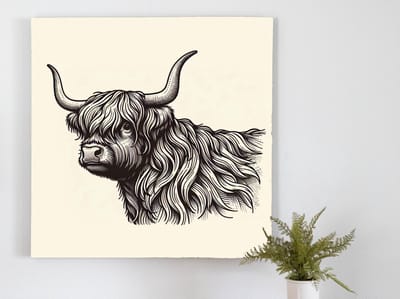 Doodle schotse hooglander schilderij | Kronkelige lijnen en warme kleuren vormen majestueuze Schotse hooglander | Kunst - 100x100 centimeter op Canvas | Foto op Canvas