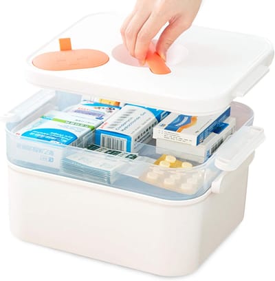 Grote EHBO-box met 2 lagen en Mini Medicijnbox - Draagbare Opbergdoos voor Medicijnen, 3 Vakken - Wit