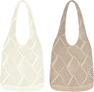 Boho Gehaakte Zomer Tas, Dubbele Set Draagtas, Lichte Mesh Strandtas voor Vrouwen