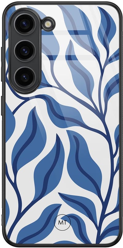 Hoesje geschikt voor Samsung Galaxy S23 - Blue leaves - Hard Case Zwart Back Cover - Print - Blauw - Mooie Telefoonhoesjes