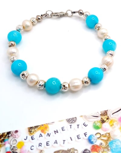 Jeannette-Creatief® - Natuursteen - Armband Natuursteen en Parels - Armband Natuursteen - Parel Armband - Armband Dames - Dames Armband - Blauwe Natuursteen - Zoetwaterparels - Electroplated Zilveren Lavakralen - Kralenarmband Natuursteen - Moederdag